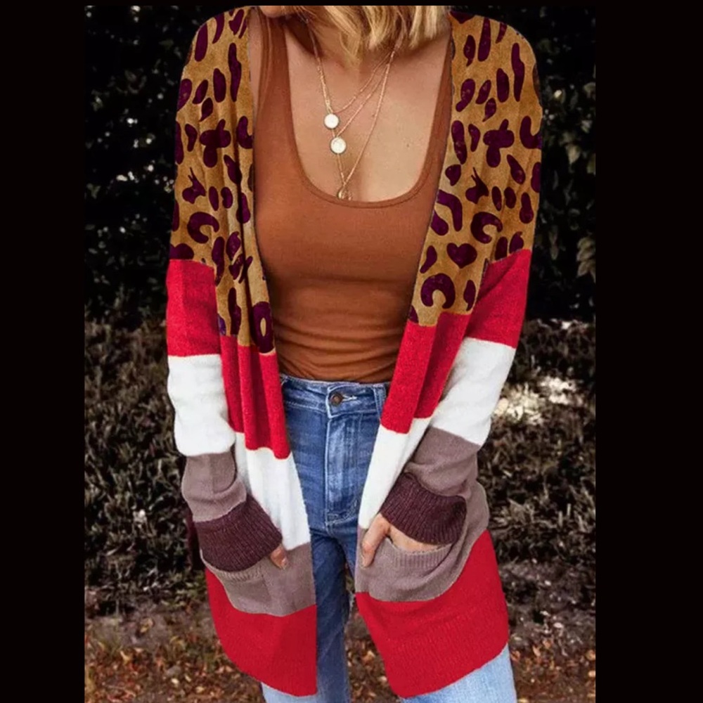 Leopard Color Block Pocketed Long Cardigan size XL